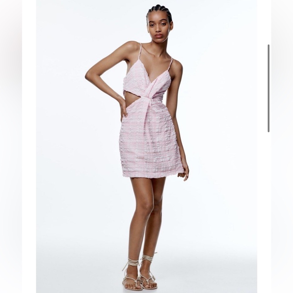 Zara Pink Gingham Cutout Mini Dress XS NWT Strappy Twist Front